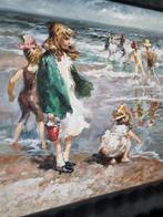 "Spelende kinderen in en bij de zee"olieverfschilderij, Ophalen of Verzenden