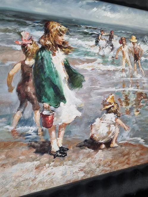 "Spelende kinderen in en bij de zee"olieverfschilderij, Antiek en Kunst, Kunst | Schilderijen | Klassiek, Ophalen of Verzenden