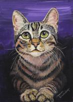 Origineel Handgeschilderd Katten Portretje 18 x 13 cm Kunst, Ophalen of Verzenden