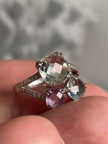 9 karaat witgouden ring met amethist, topaas en diamantjes beschikbaar voor biedingen