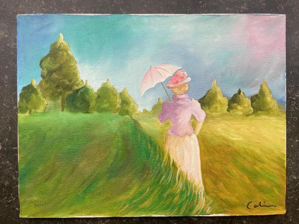 Reproductie op canvas "Vrouw tussen wuivend gras"., Ophalen of Verzenden