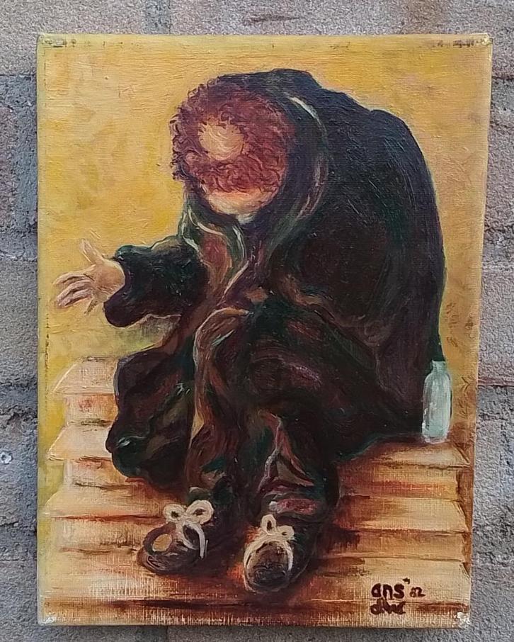 " De Dakloze " oileverf op doek.  Gesigneerd Ans ' 82., Antiek en Kunst, Kunst | Schilderijen | Klassiek, Ophalen of Verzenden
