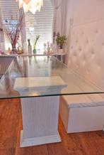 glazen tafel 190x60 op 2x bamboe wit geschilderd pilaren, Rechthoekig, 50 tot 100 cm, Ophalen of Verzenden, Glas