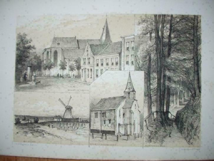 074 / Aalten de Markt / Bredevoort/ de Kerk Litho 1876, Antiek en Kunst, Kunst | Litho's en Zeefdrukken, Ophalen of Verzenden