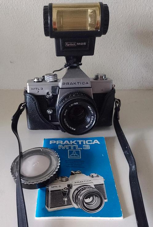 Spiegelreflexcamera Praktica MTL3 met Kenlock M25 flitser ea, Audio, Tv en Foto, Fotocamera's Analoog, Gebruikt, Spiegelreflex