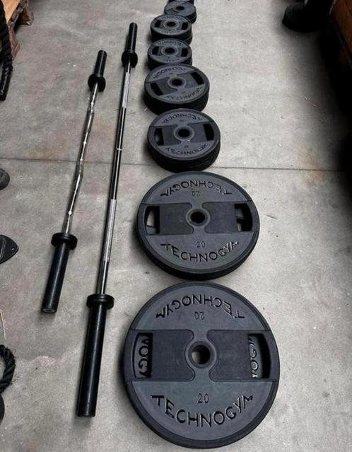 Technogym 147,5kg Olympische Rubberen Pu Gewichten,2 barbell, Sport en Fitness, Fitnessmaterialen, Gebruikt, Halterschijven, Ophalen