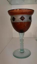 Antieke bruine glazen kelk met zilveren band, Ophalen of Verzenden