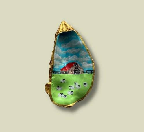 Handbeschilderd oesterschilderijtje 'weiland', Antiek en Kunst, Kunst | Overige Kunst, Ophalen of Verzenden
