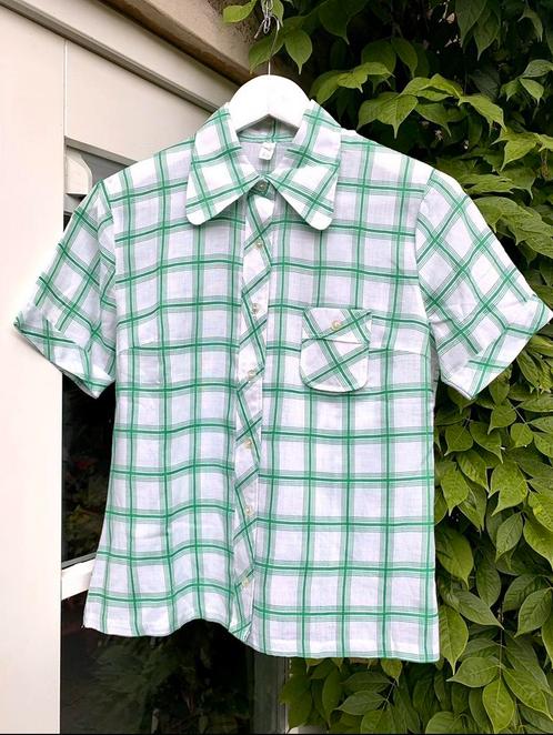 Vintage 60s wit/groen geruit bloesje, korte mouw, maat 36/38, Kleding | Dames, Blouses en Tunieken, Zo goed als nieuw, Maat 36 (S)