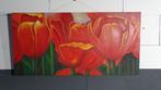 Brocante schilderij Tulpen op canvas. 100 x 50 cm. S32, Huis en Inrichting, Tweedehands verkoop, Tweedehands verkoop, Gebruikt