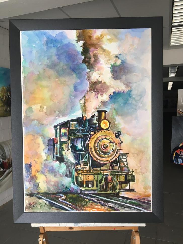 Alex L- Old train- Handgeschilderd- Uniek, Antiek en Kunst, Kunst | Schilderijen | Modern, Ophalen of Verzenden