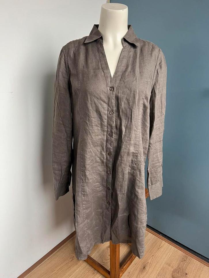 Aw grijze grijsbruin linnen blouse-jurk l 42/44, Kleding | Dames, Jurken, Zo goed als nieuw, Maat 42/44 (L), Grijs, Knielengte