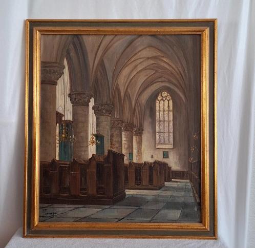 Schilderij gotische kerk, Oliefverf, J. Turpingo, Antiek en Kunst, Antiek | Religie, Ophalen of Verzenden