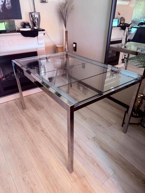 Glazen uitschuifbare eettafel, Huis en Inrichting, Tafels | Eettafels, Zo goed als nieuw, 50 tot 100 cm, Vijf personen of meer
