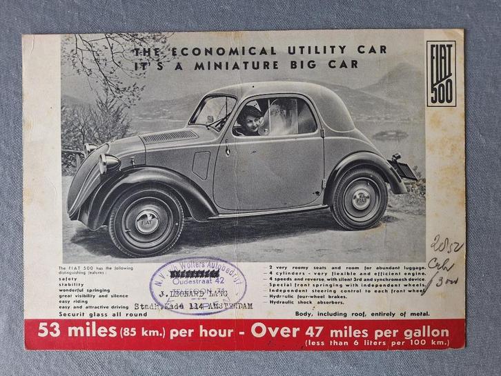 Leaflet FIAT 500 - 1937 Engels, Boeken, Auto's | Folders en Tijdschriften, Gelezen, Overige merken, Ophalen of Verzenden