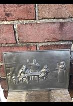 Middeleeuws tafereel in dranklokaal + gekroonde roos van tin, Antiek en Kunst, Antiek | Tin, Ophalen of Verzenden