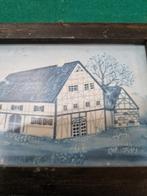 Tekening boeren schuur blauw tinten in lijst, Ophalen of Verzenden