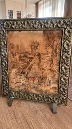 Antiek haardscherm met koperen lijst en textiele afbeelding, Ophalen of Verzenden