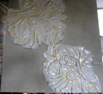 Lotus bloemen schilderij, wit creme acryl op stevig linnen, 