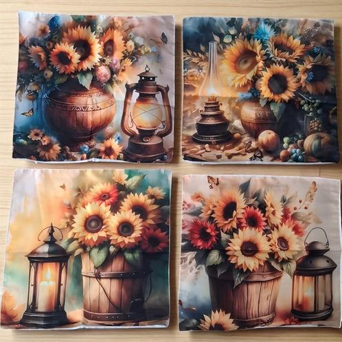 Set van 4 kussenhoezen zonnebloem olie lampje 40x40cm, Huis en Inrichting, Woonaccessoires | Kussens, Nieuw, Overige kleuren, Vierkant
