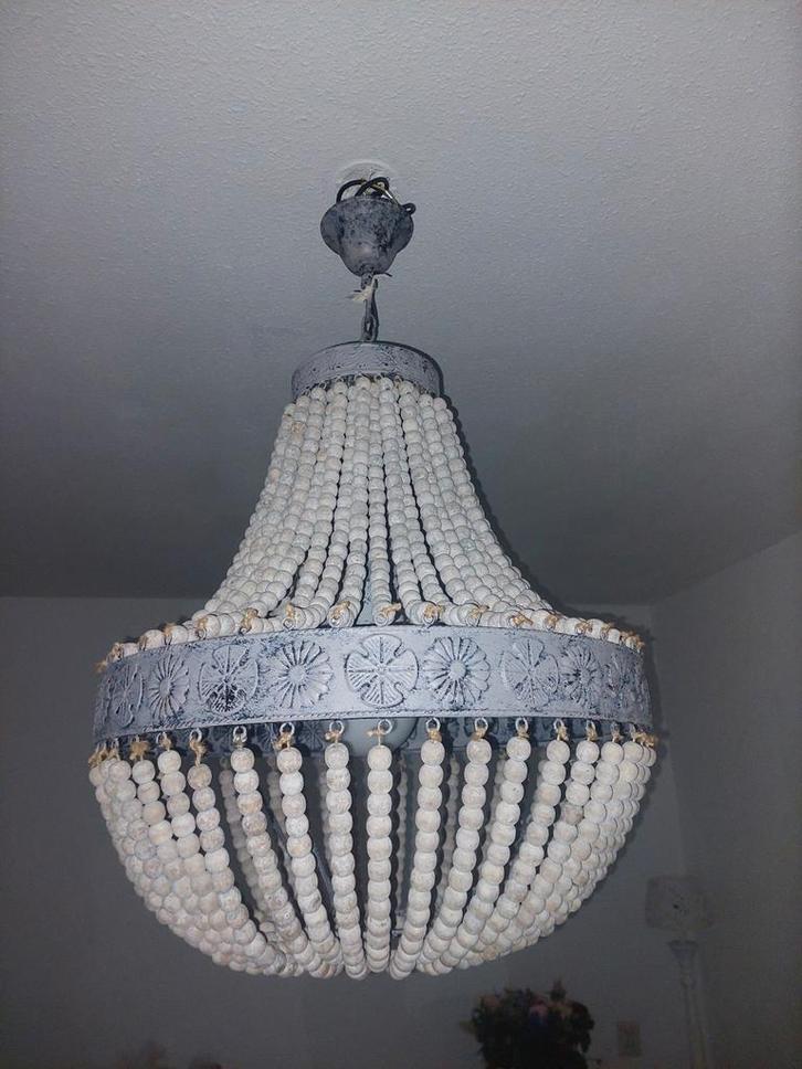 Houten Kralen Kroonluchter - Set van 2, Huis en Inrichting, Lampen | Hanglampen, Minder dan 50 cm, Ophalen of Verzenden