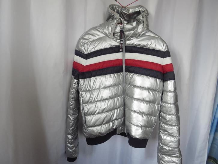 Silver metalic cropped puffer jas mt L Tommy Hilfiger, Kleding | Dames, Jassen | Winter, Gedragen, Maat 38/40 (M), Grijs, Ophalen of Verzenden
