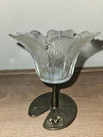 Vintage Etain Zinn Pewter kikker, waterlelieblad kandelaar beschikbaar voor biedingen