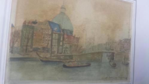 oude aquarel singel ronde Lutherse kerk amsterdam 1947, Antiek en Kunst, Kunst | Schilderijen | Klassiek, Ophalen