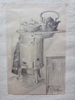 Tekening. Potkachel. Interieur. Gesigneerd., Ophalen of Verzenden