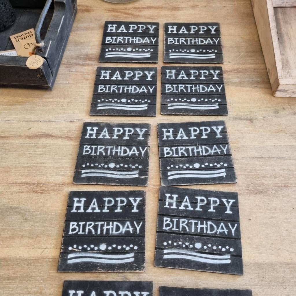 10 Houten Onderzetters 'Happy Birthday' - 10x10 cm, Ophalen of Verzenden, Nieuw, Glas of Kopje