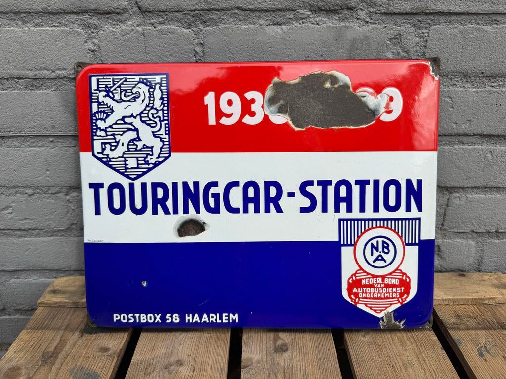 Vintage Emaille Touringcar-Station Bord 1930s, Ophalen of Verzenden