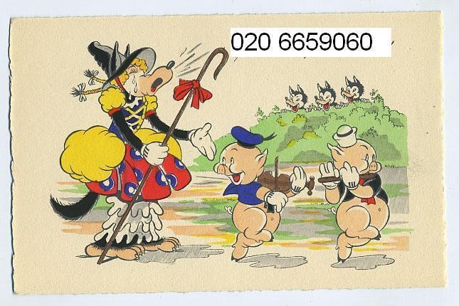 zoek oud disney grote boze wolf 3 biggetjes kaart 1930 1940, Verzamelen, Ophalen of Verzenden, 1920 tot 1940, Overige thema's