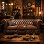 Luxe Chesterfield 3-zitsbank van bruin leer, Chesterfield, Klassiek, Vintage, Onbekend, Driepersoons, Ophalen of Verzenden