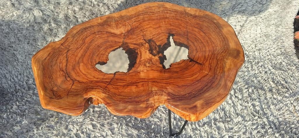 Olijf bijzettafel met hairpin onderstel / epoxy tafel, 45 tot 60 cm, Minder dan 55 cm, Rond, Nieuw