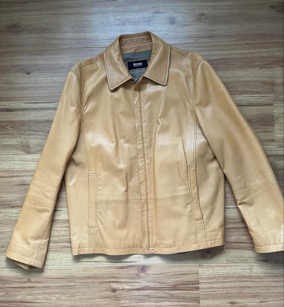 Vintage Hugo Boss Leren Jas - Maat M, Kleding | Heren, Jassen | Zomer, Verzenden, Zo goed als nieuw, Maat 48/50 (M), Beige