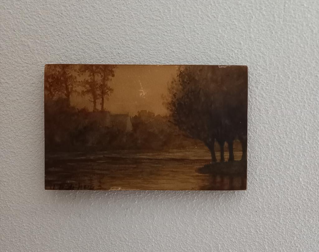 Paneel met mini landschaps olieverfschilderij, Antiek en Kunst, Kunst | Schilderijen | Klassiek, Ophalen of Verzenden