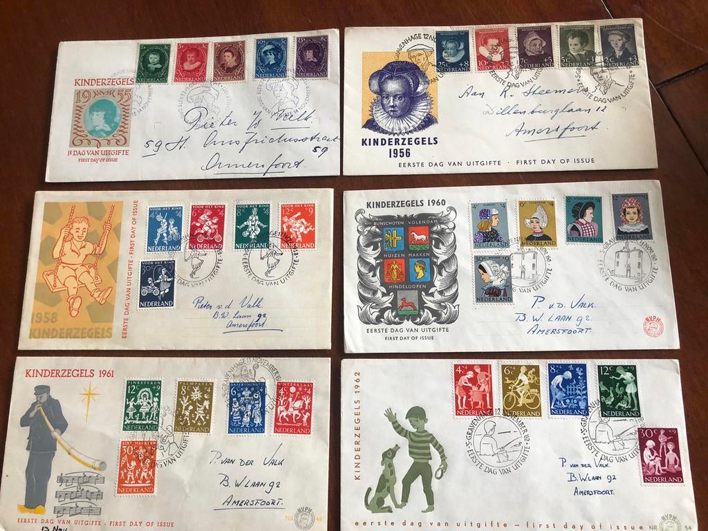 6 x 1e dag enveloppen oudere jaren, Postzegels en Munten, Postzegels | Eerstedagenveloppen, Ophalen of Verzenden, Beschreven, Nederland