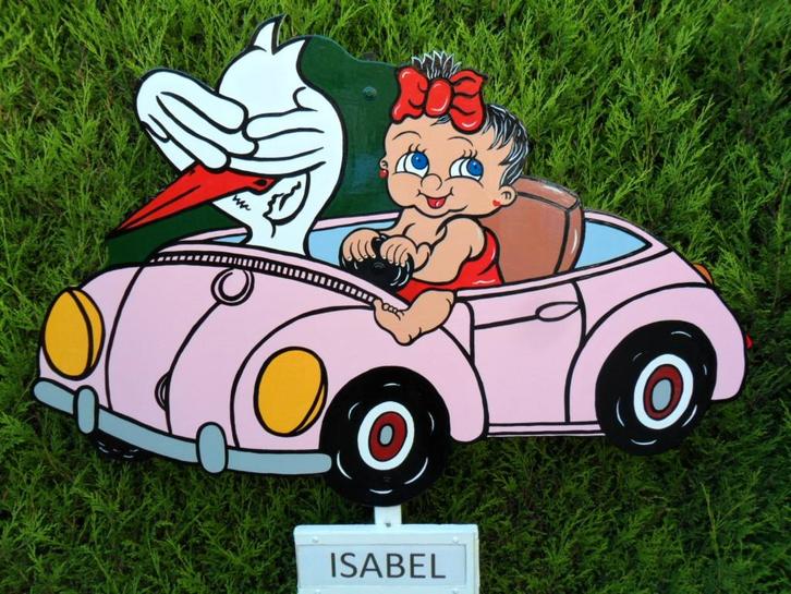 Geboortebord baby en ooievaar in roze auto, met naambordje., Kinderen en Baby's, Kraamcadeaus en Geboorteborden, Nieuw, Geboortebord