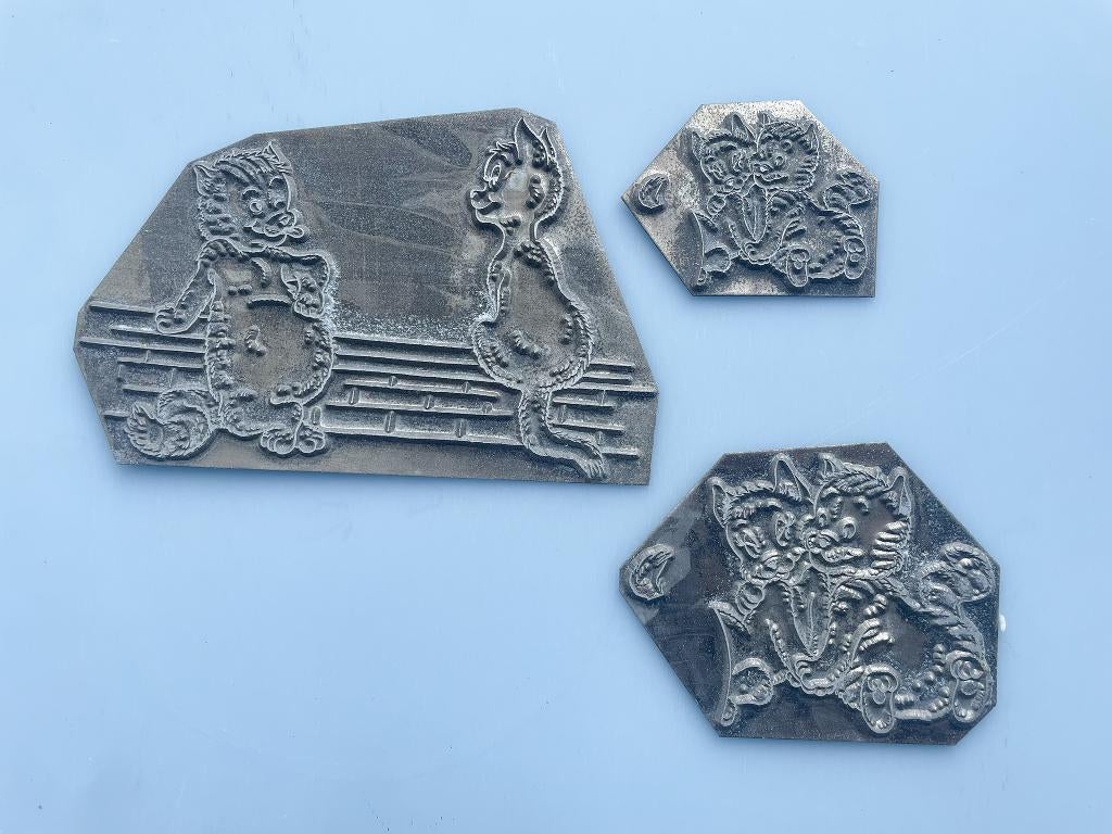 Cliche hoogdruk debossing boekbind stempels vintage katten, Antiek en Kunst, Ophalen of Verzenden