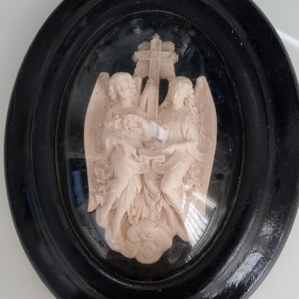 Antiek meerschuim wijwaterbakje 2 Engelen met Kruis, Antiek en Kunst, Ophalen of Verzenden