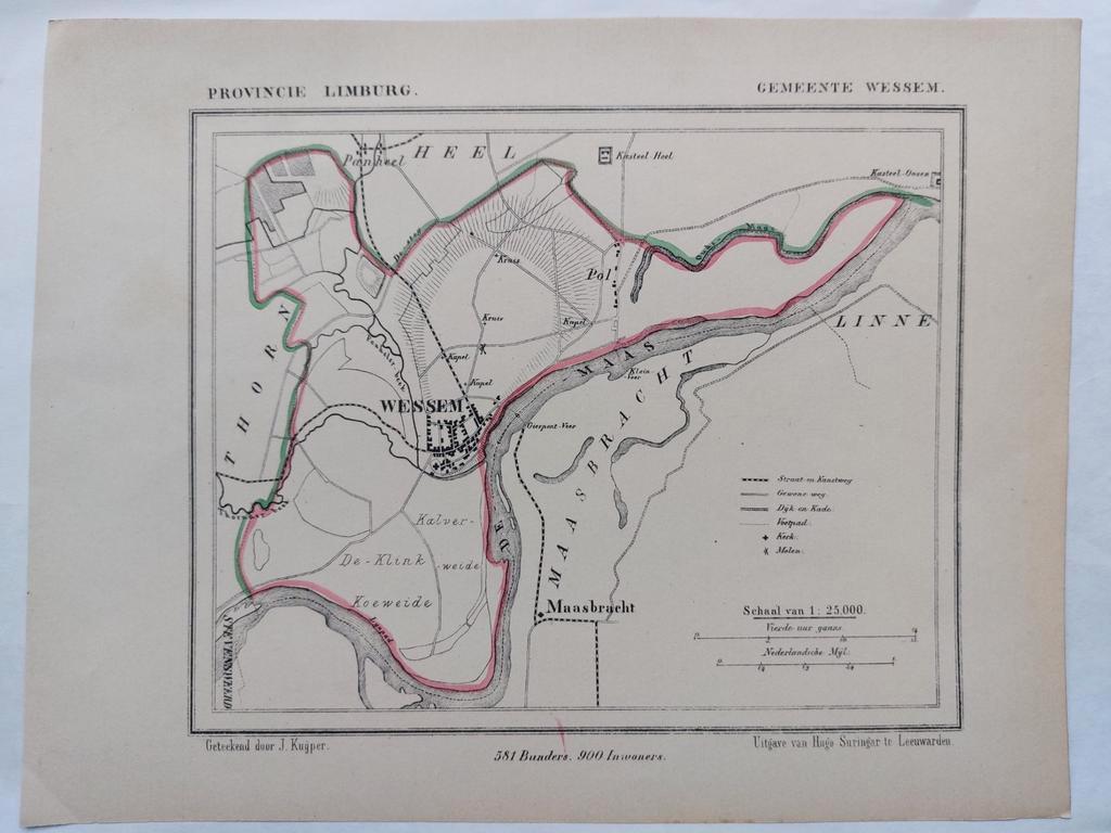 63 / Gemeente Wessem Limburg Litho uit 1866 door J. Kuyper, Antiek en Kunst, Ophalen of Verzenden