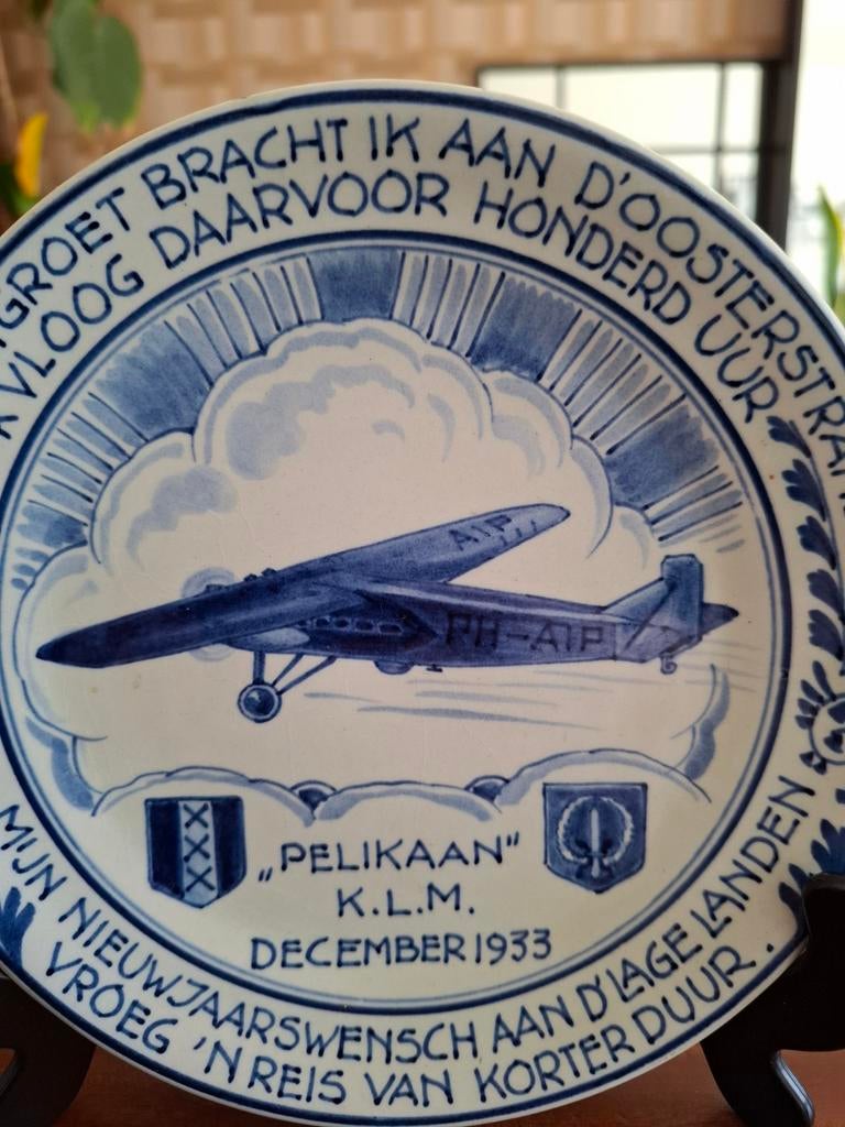 Delfts Blauw KLM  Porceleyne -1933 kerst en nieuwjaarsvlucht, Antiek en Kunst, Antiek | Wandborden en Tegels, Ophalen of Verzenden
