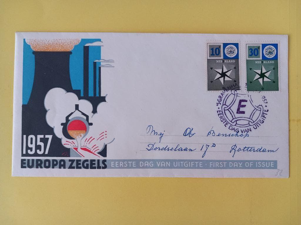 1957 Europazegels FDC E32 met open klep e1, Postzegels en Munten, Verzenden, T/m 1940, Gestempeld