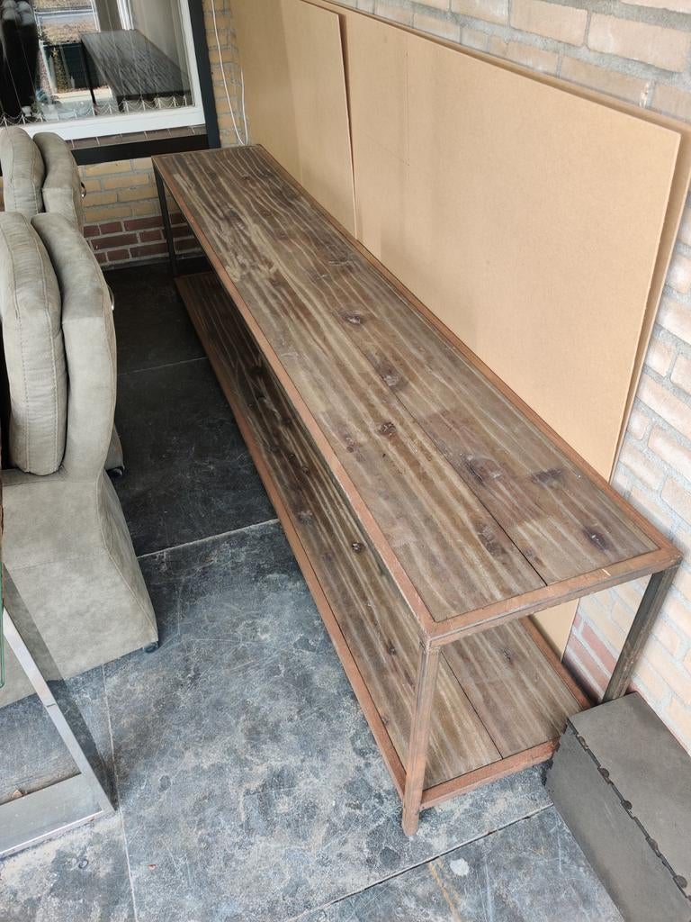 Houten (tuin) sidetable met metalen frame 220x50cm, Ophalen