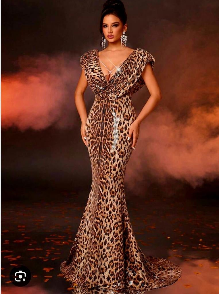 Glamoureuze Luipaardprint Galajurk met Pailletten, Bruin, Maat 42/44 (L), Ophalen of Verzenden, Onder de knie