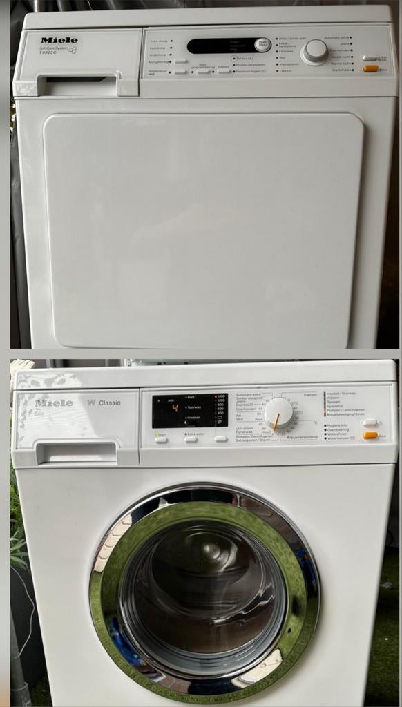 Miele W1 Classic Eco wasmachine + Miele T8823c Condensdroger, 6 tot 8 kg, Ophalen, Zo goed als nieuw, 85 tot 90 cm