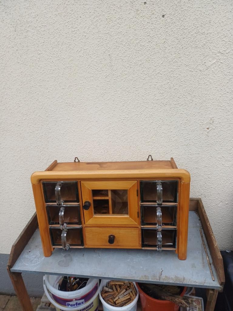 Vintage  houten kruidenrek.met glazen bakken, Ophalen of Verzenden