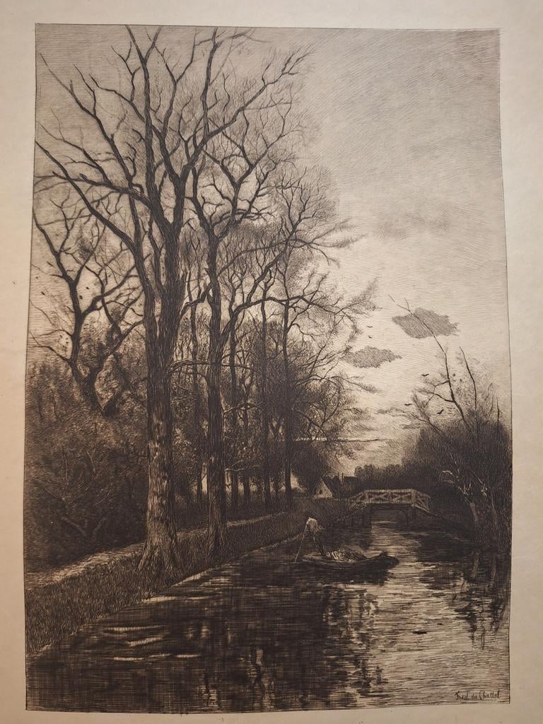 Ets du chattel - Landschap met boot, Ophalen of Verzenden