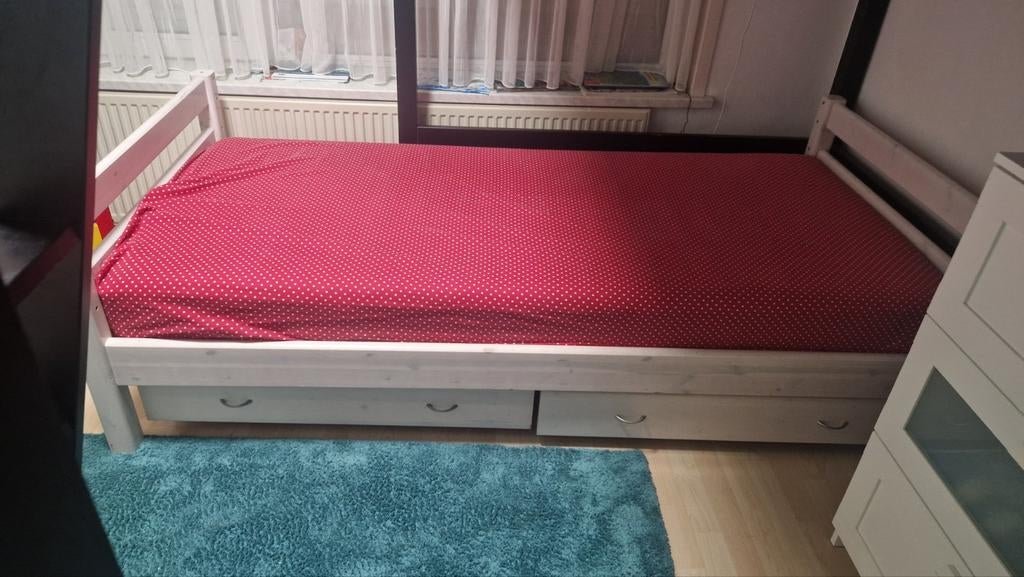 Flexa bed met 2 laden 90 x 200 en matras, Ophalen, 90 cm, Eenpersoons, Wit