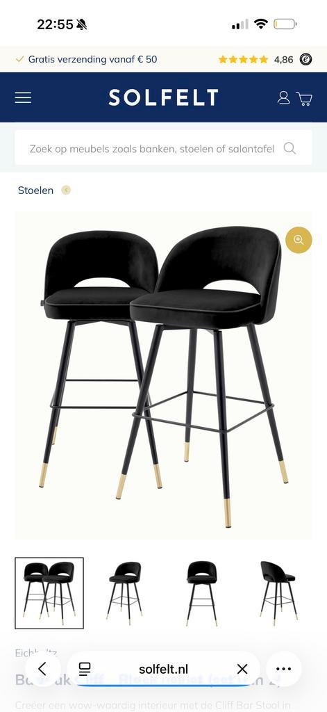 Eichholtz eetkamerstoelen Cliff zwart velvet 4 stuks!!, Huis en Inrichting, Stoelen, Twee, Zwart, Ophalen of Verzenden, Zo goed als nieuw